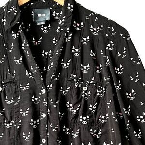Maeve Anthropologie Clever Cat Print Top Women's Size 4 Long Sleeve Black Rayon